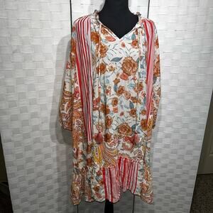Gigio Women’s Floral Pheasant Front Tie Dress Size Medium Long Sleeve Boho